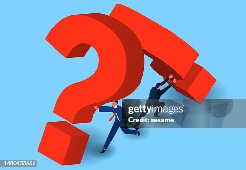 Conquer adversity, problem solving, teamwork, breakthroughs, isometric two businessmen trying to push and support to prevent the collapse of the giant question mark Conquer adversity, problem solving, teamwork, breakthroughs, isometric two businessmen trying to push and support to prevent the collapse of the giant question mark