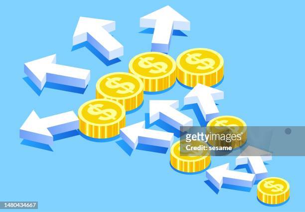stockillustraties, clipart, cartoons en iconen met growing business development, business development process, usury, compound interest, small investments with big returns, more and more money, isometric small gold coins gradually develop large gold coins - property prices continue to increase