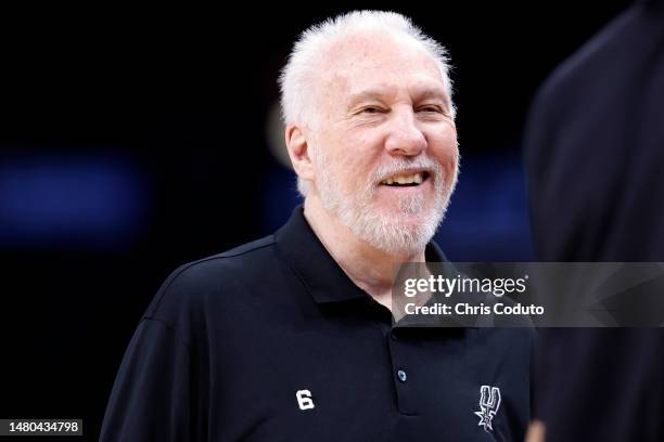 Head coach Gregg Popovich of the San Antonio Spurs looks on during the game against the Phoenix Suns at Footprint Center on April 04, 2023 in...