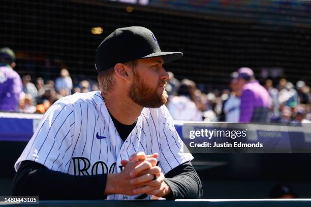 Daniel Bard of the Colorado Rockies looks on before a game against the Washington Nationals on Opening Day at Coors Field on April 6, 2023 in Denver,...