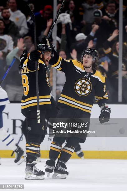 David Pastrnak of the Boston Bruins celebrates with Tyler Bertuzzi after scoring the game winning goal against the Toronto Maple Leafs during...