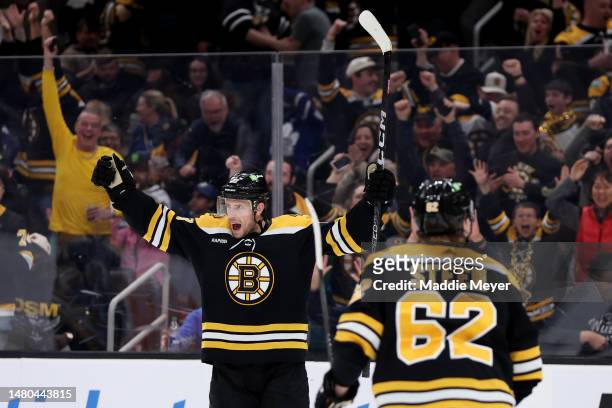 Charlie Coyle of the Boston Bruins celebrates after scoring against the Toronto Maple Leafs during the third period at TD Garden on April 06, 2023 in...