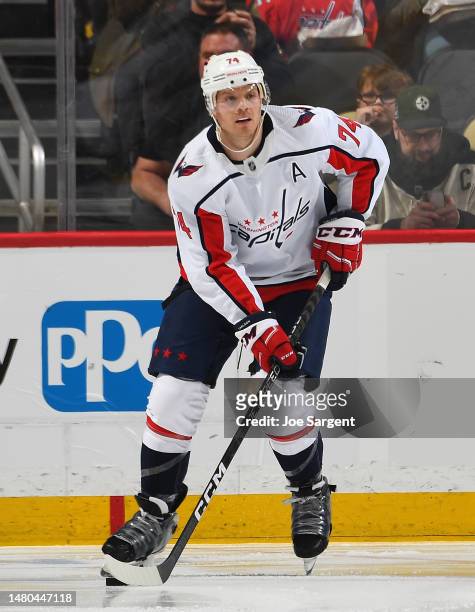John Carlson of the Washington Capitals skates against the Pittsburgh Penguins at PPG PAINTS Arena on March 25, 2023 in Pittsburgh, Pennsylvania.