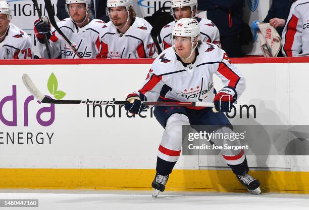 Nicolas Aube-Kubel of the Washington Capitals skates against the Pittsburgh Penguins at PPG PAINTS Arena on March 25, 2023 in Pittsburgh,...