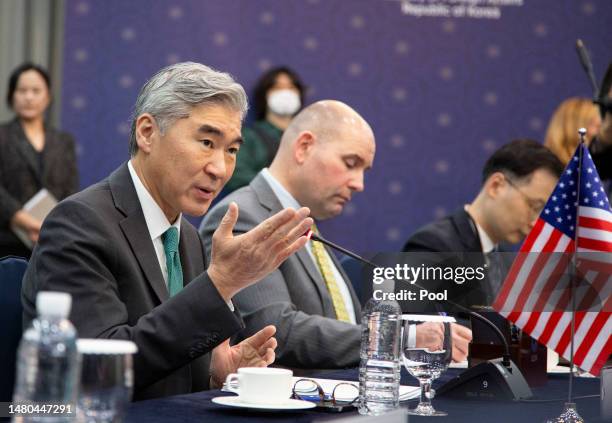 Special Representative for the North Korea, Sung Kim, attends a meeting with his South Korean and Japanese counterparts at the Ministry of Foreign...