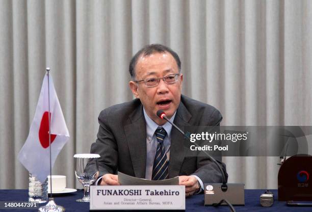 Director-General, Asian and Oceanian Affairs of the Ministry of Foreign Affairs of Japan, Funakoshi Takehiro, attends a meeting with his South Korean...