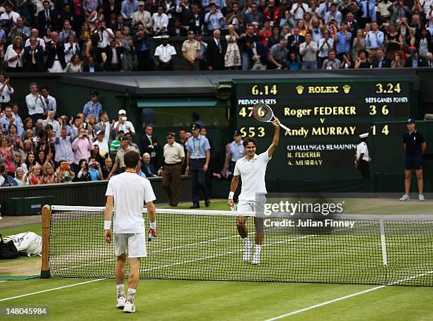 Roger Federer of Switzerland celebrates after winning his Gentlemen's Singles final match against Andy Murray of Great Britain on day thirteen of the...