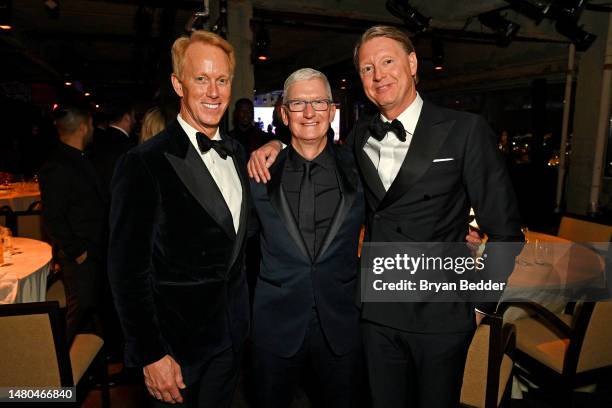 Chief Executive Officer of Condé Nast Roger Lynch, Tim Cook, and Hans Vestberg attend the 2023 GQ Global Creativity Awards at WSA on April 06, 2023...