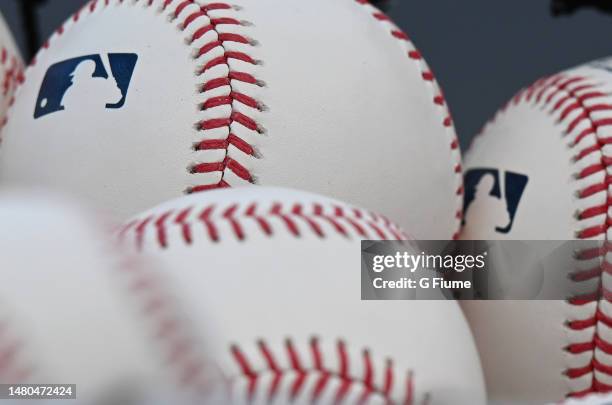 View of the MLB logo on baseballs before the game between the Washington Nationals and the Tampa Bay Rays at Nationals Park on April 03, 2023 in...