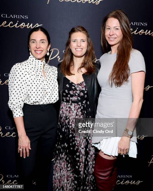 Valerie DeMuzio, Clemence von Mueffling and Paige Boller attend the Clarins Precious intimate dinner event on April 06, 2023 in New York City.