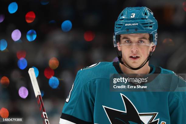 Henry Thrun of the San Jose Sharks skates on the ice against the Colorado Avalanche in the third period at SAP Center on April 06, 2023 in San Jose,...