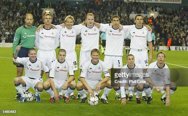 David Ginola, Jurgen Klinsmann and Paul Gascoigne line up in the team group before the start of the Tottenham Hotspur Tribute match between Tottenham...
