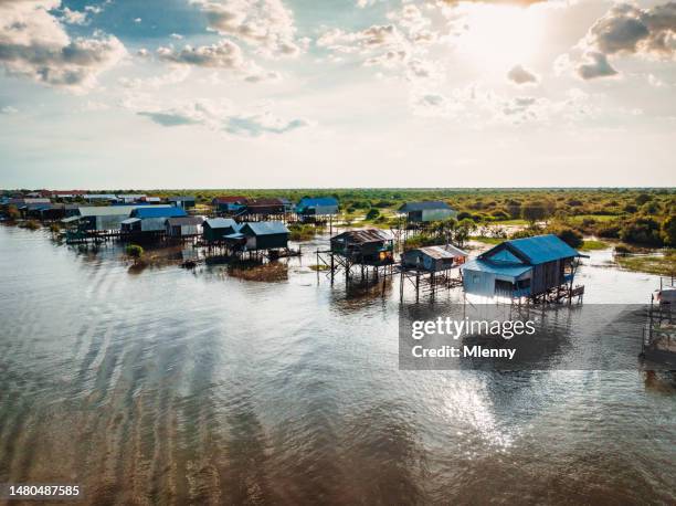 cambodia stilt houses kampong phluk floating village drone view - traditionally cambodian 個照片及圖片檔