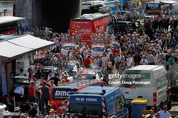 Team gather at the village for the start of stage five of the 2012 Tour de France from Rouen to Saint-Quentin on July 5, 2012 in Rouen, France.