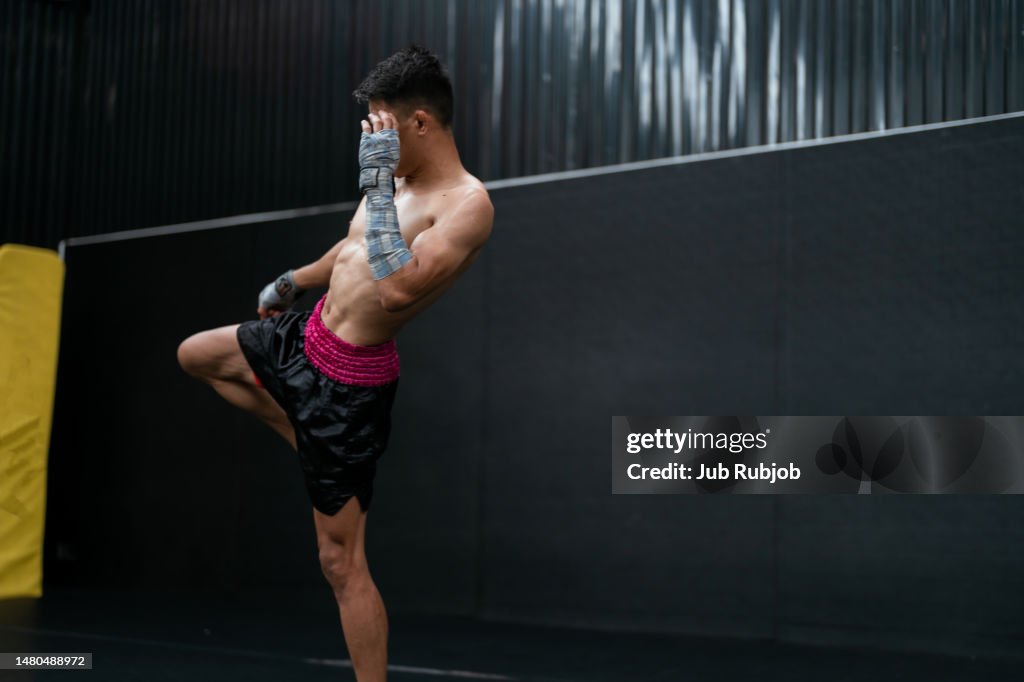 Practising Boxing Young Man Boxer Exercising Warm Up And Practicing Boxing In The Gym ...