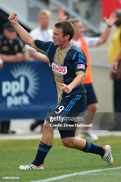 Antoine Hoppenot of the Philadelphia Union celebrates his second half goal during the game against the Toronto FC at PPL Park on July 8, 2012 in...