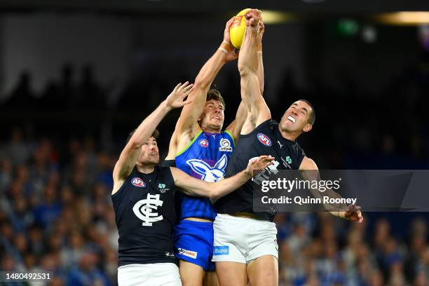 Charlie Comben of the Kangaroos marks during the round four AFL match between North Melbourne Kangaroos and Carlton Blues at Marvel Stadium, on April...