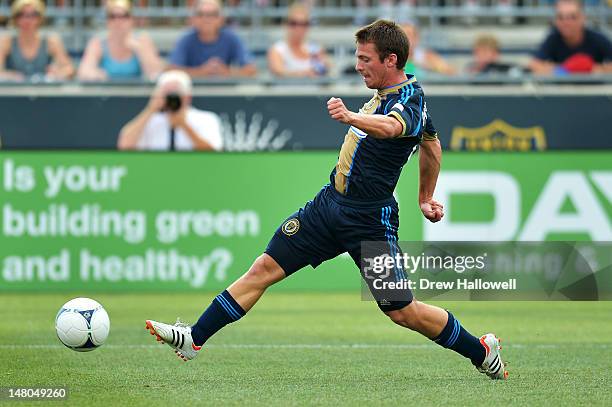 Antoine Hoppenot of the Philadelphia Union shoots and scores a second half goal during the game against the Toronto FC at PPL Park on July 8, 2012 in...