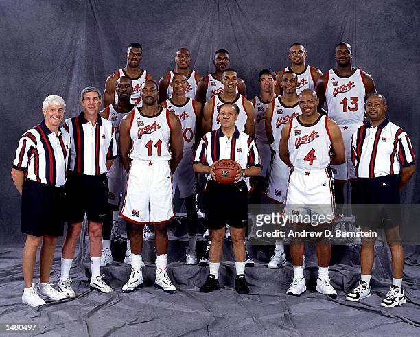 The 1996 USA Men's Basketball Olympic Team pose for a team portrait, standing front row : Assistsant coach Bobby Cremins, assistant coach Jerry...