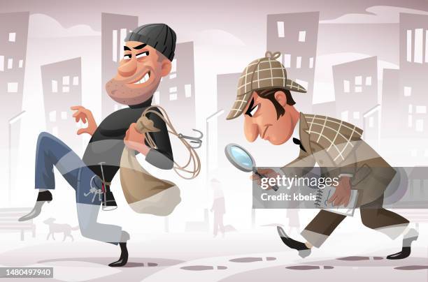 detective pursuing burglar in a foggy city - mystery detective stock illustrations