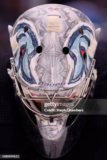 Detail of the goalie mask of Philipp Grubauer of the Seattle Kraken during the third period against the Arizona Coyotes at Climate Pledge Arena on...