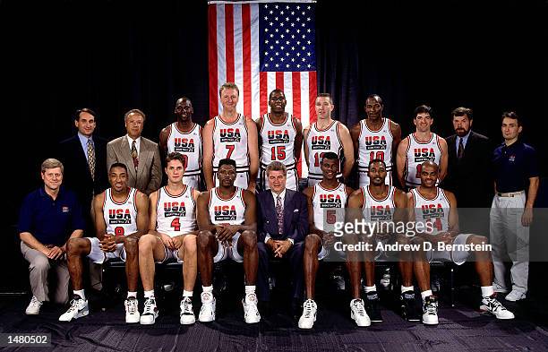 The 1992 USA Men's Basketball Olympic Team pose for a team portrait, seated front row : Physician , Scottie Pippen, Christian Laettner, Patrick...