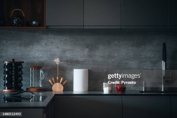 drey minimalist kitchen - dark kitchen stock pictures, royalty-free photos & images