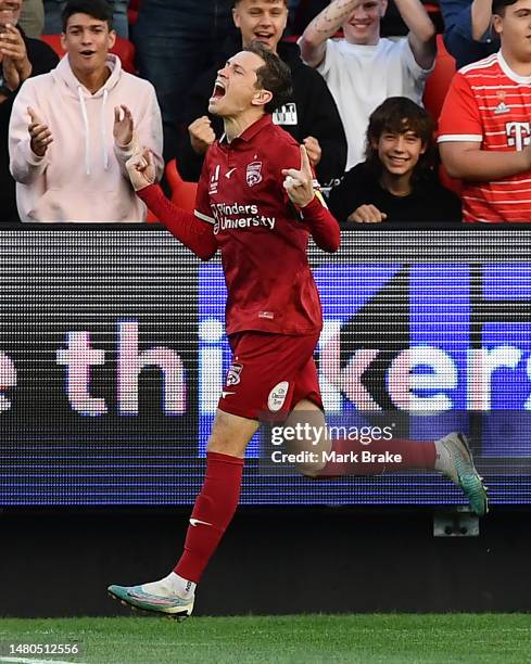 Craig Goodwin of Adelaide United celebrates after scoring his teams first goal during the round 23 A-League Men's match between Adelaide United and...