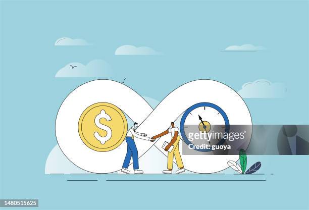stockillustraties, clipart, cartoons en iconen met long-term business cooperation, dollar and time transactions. - arm span
