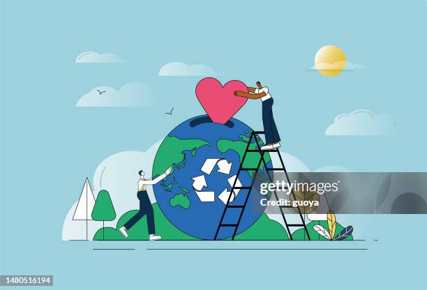 ilustraciones, imágenes clip art, dibujos animados e iconos de stock de ama corazón, globo, escalera, dos personas, recicla - economía circular