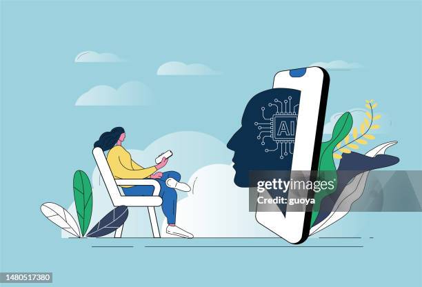 conceptual image of woman, mobile phone and artificial intelligence ai. - robot and human hand stock illustrations