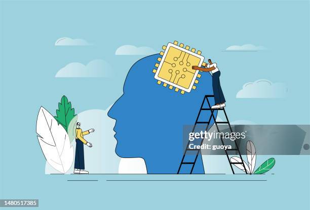 white-collar workers install chips in their brains. - human machine interface stock illustrations