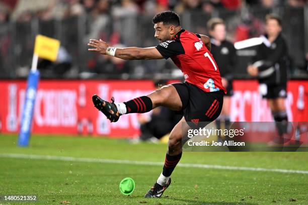 Richie Mo'unga of the Crusaders kicks a conversion during the round seven Super Rugby Pacific match between Crusaders and Moana Pasifika at...