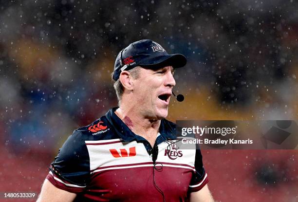 Coach Brad Thorn of the Reds calls out to his players during the warm up before the round seven Super Rugby Pacific match between Queensland Reds and...