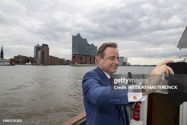 Antwerpen Mayor Bart De Wever poses for the photographer during a 'Barkassenfahrt' in the port of Hamburg during the first day of a diplomatic...