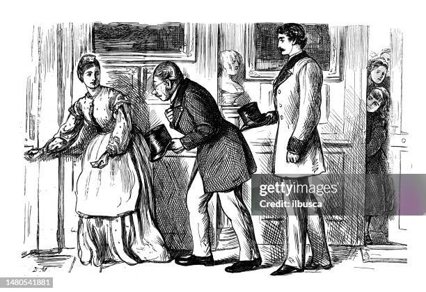 british satire caricature comic cartoon illustration - woman entering home stock illustrations