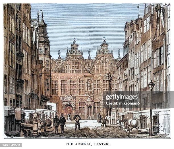 old engraved illustration of the old arsenal or great armoury in gdansk - pomorskie province stock pictures, royalty-free photos & images