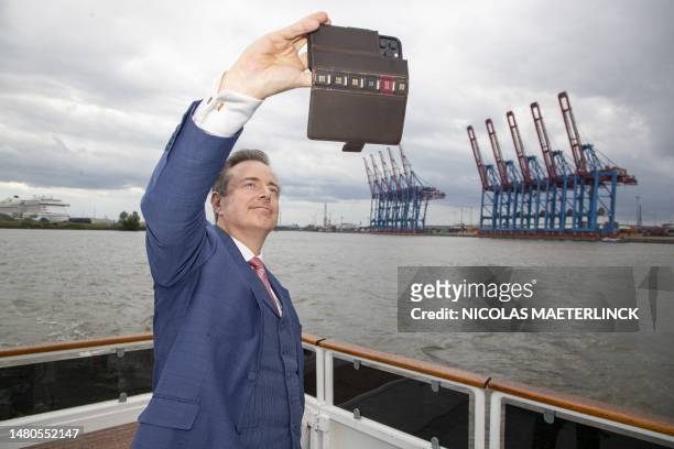 Antwerpen Mayor Bart De Wever pictured making a selfie during a 'Barkassenfahrt' in the port of Hamburg during the first day of a diplomatic mission...