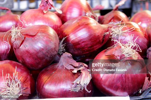 Tropea red onions on April 07, 2023 in Bari, Italy. The street market of the city Santa Scolastica is busy while prices have been on the rise in...