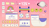 Set of Y2K elements, group of vector objects in Y2K style, nostalgic illustrations, technologic objects, computer windows.