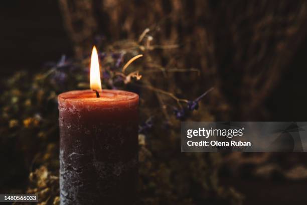 burning candle against dried herbs. - schamane stock-fotos und bilder