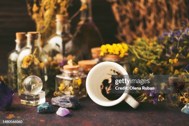 coffee grounds, stones, flowers, oil and tincture in jars, dry herbs and a net. - green potion stock pictures, royalty-free photos & images