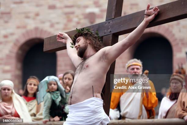 Amateur actor Julian Lux plays Jesus Christ during the annual Good Friday procession to re-enact the arrest, trial and crucifixion of Jesus Christ on...