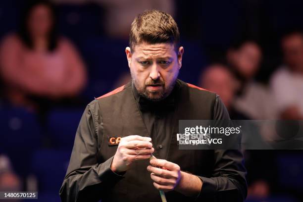 Matthew Stevens of Wales reacts in the second round match against Dechawat Poomjaeng of Thailand on day 5 of the Cazoo World Championship 2023...