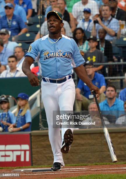 Hall of Fame player Rickey Henderson attends the 2012 Taco Bell All-Star Legends & Celebrity Softball Game at Kauffman Stadium on July 8, 2012 in...