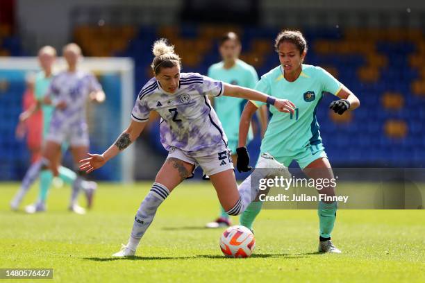 Nicola Docherty of Scotland battles for possession with Mary Fowler of Australia during the Women's International Friendly match between Australia...