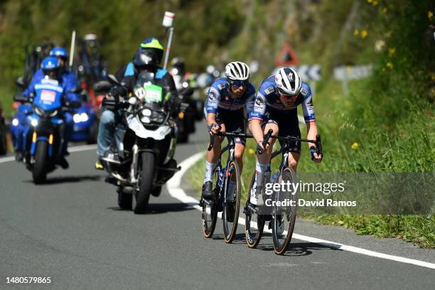 Remi Cavagna of France and Mattia Cattaneo of Italy and Team Soudal Quick-Step compete in the breakaway during the 62nd Itzulia Basque Country, Stage...