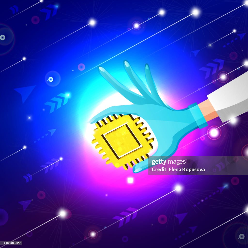 Nanotechnology concept in cartoon style. Processor, central processing unit, computer processor, chip symbol in the hand of a developer engineer on an abstract colorful futuristic background.