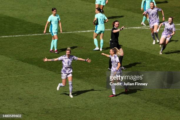 Nicola Docherty of Scotland celebrates after scoring the team's first goal during the Women's International Friendly match between Australia and...