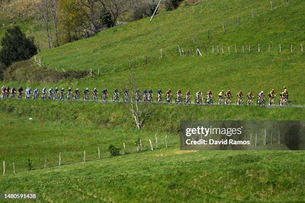 Jonas Vingegaard of Denmark and Team Jumbo – Visma - Yellow Leader Jersey, Mikel Landa of Spain and Team Bahrain Victorious - Green Points Jersey and...